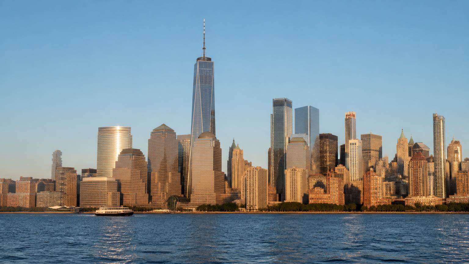 One World Trade Center and the Lower Manhattan skyline from New York Harbor